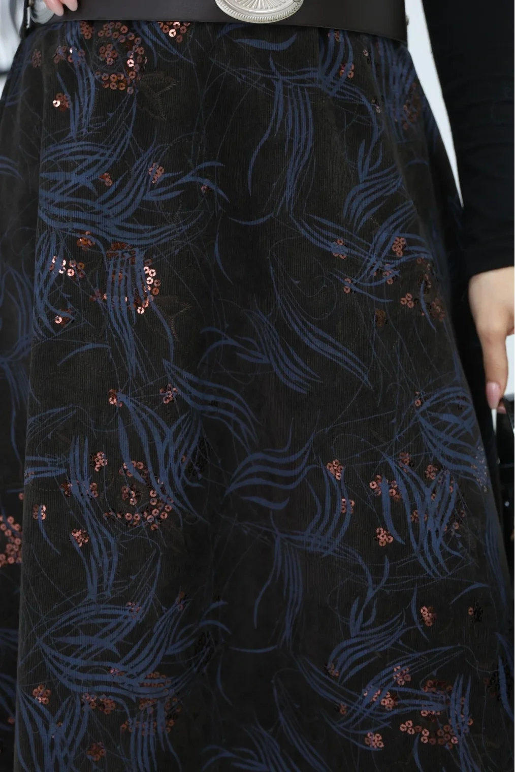 Baskılı ve Kemerli Kadife Etek 6069-Kahve/İndigo