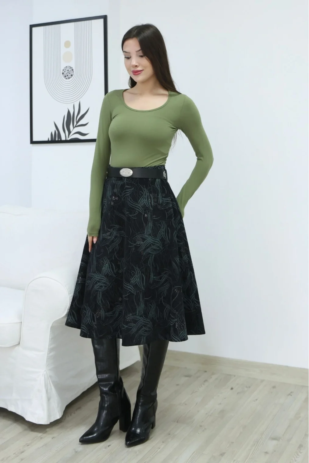 Baskılı ve Kemerli Kadife Etek 6069-Siyah/Çağla