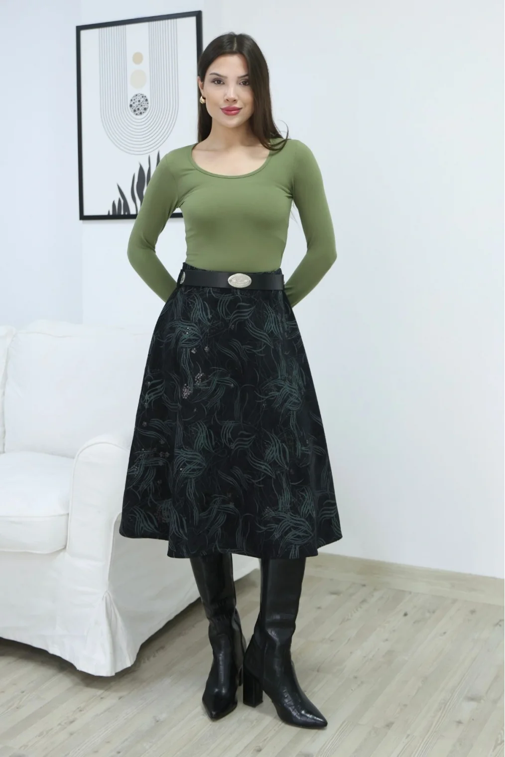 Baskılı ve Kemerli Kadife Etek 6069-Siyah/Çağla