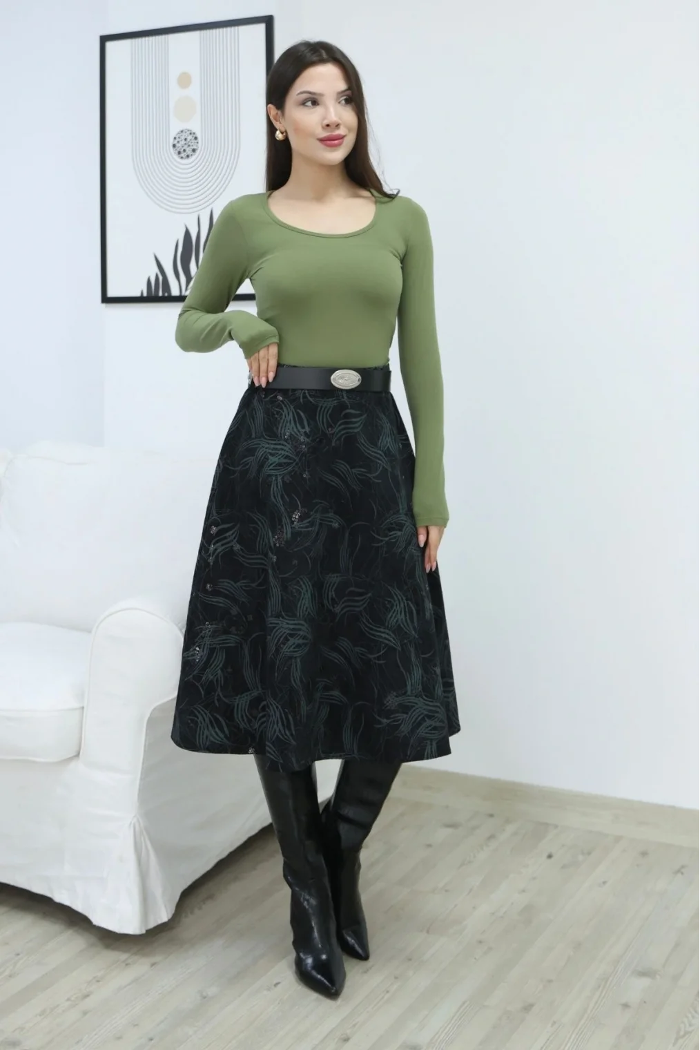 Baskılı ve Kemerli Kadife Etek 6069-Siyah/Çağla