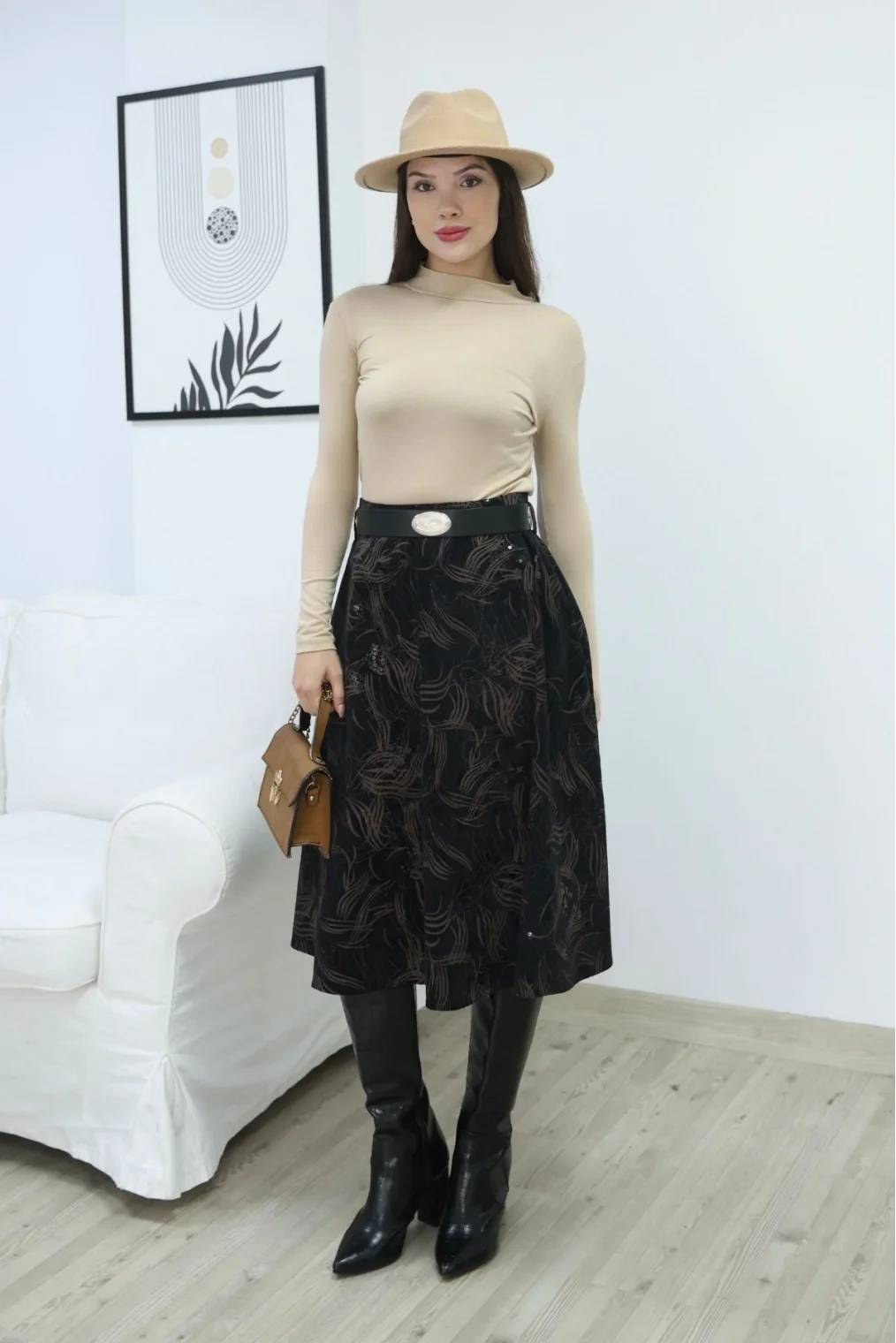 Baskılı ve Kemerli Kadife Etek 6069-Siyah/Camel