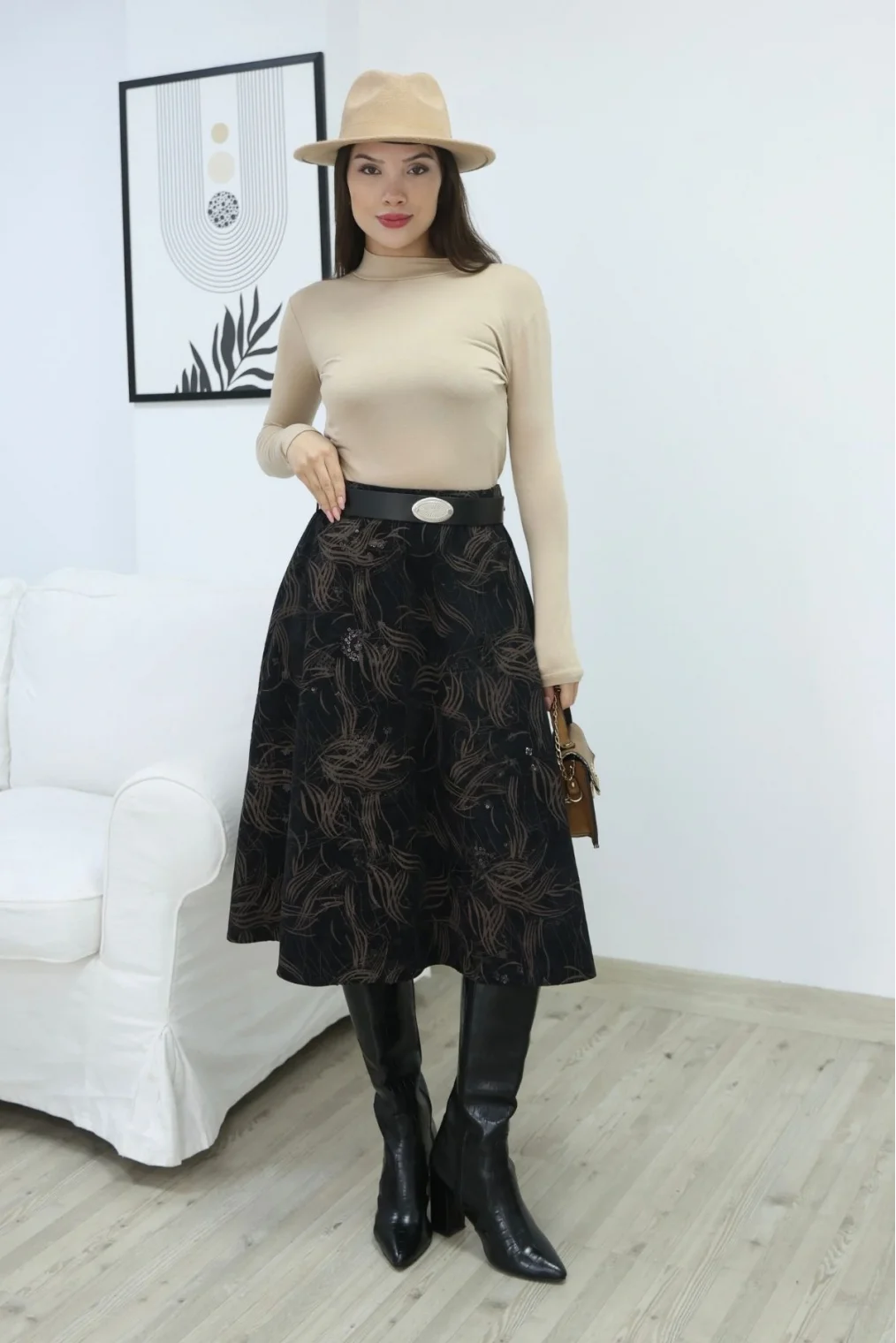 Baskılı ve Kemerli Kadife Etek 6069-Siyah/Camel