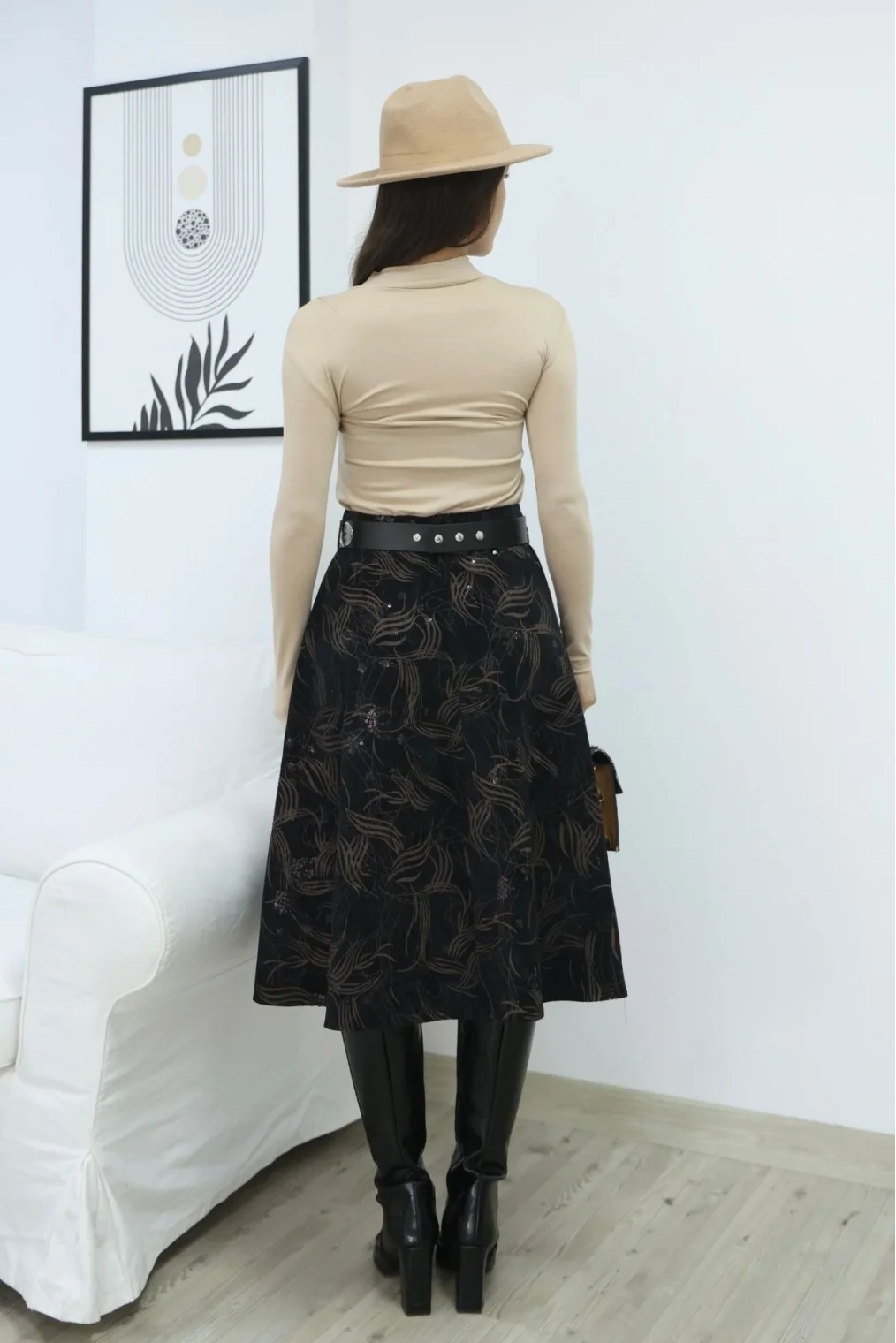 Baskılı ve Kemerli Kadife Etek 6069-Siyah/Camel