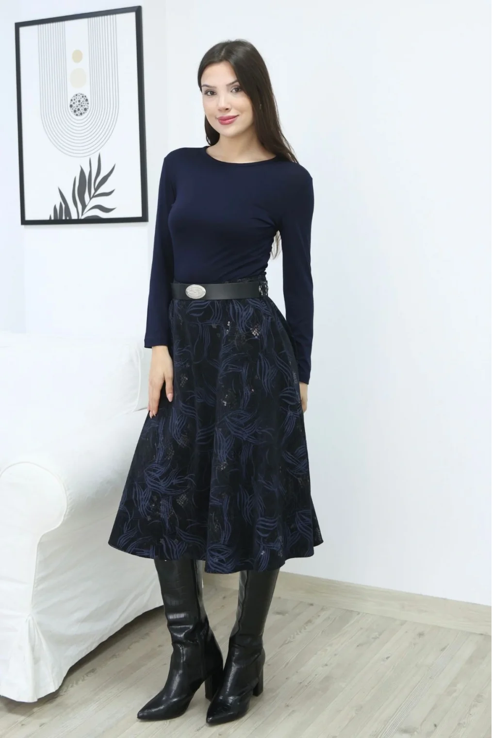 Baskılı ve Kemerli Kadife Etek 6069-Siyah/İndigo