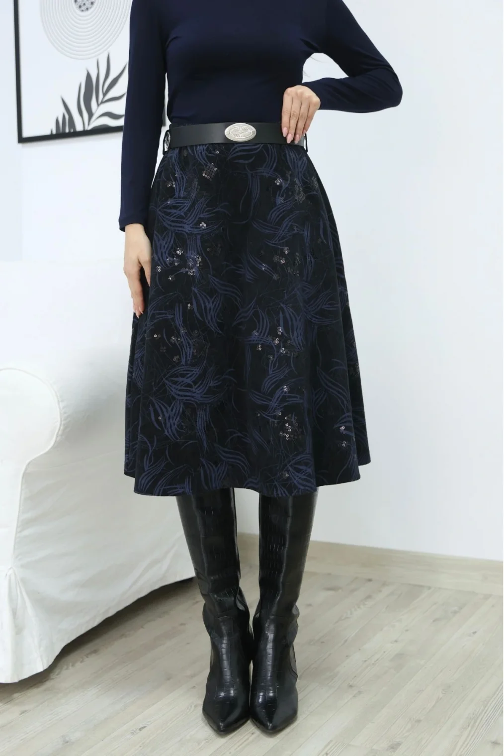 Baskılı ve Kemerli Kadife Etek 6069-Siyah/İndigo