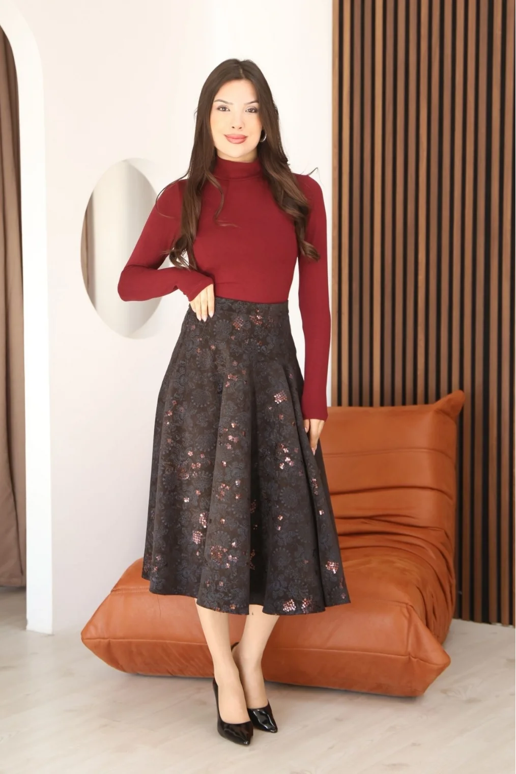 Baskılı ve Payetli Kadife Kloş Etek 6070-Kahve/İndigo