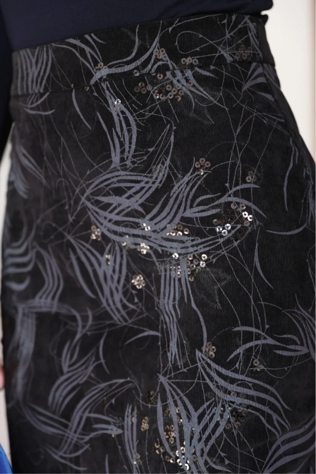 Baskılı ve Payetli Kadife Mini Etek 6049-Siyah/İndigo