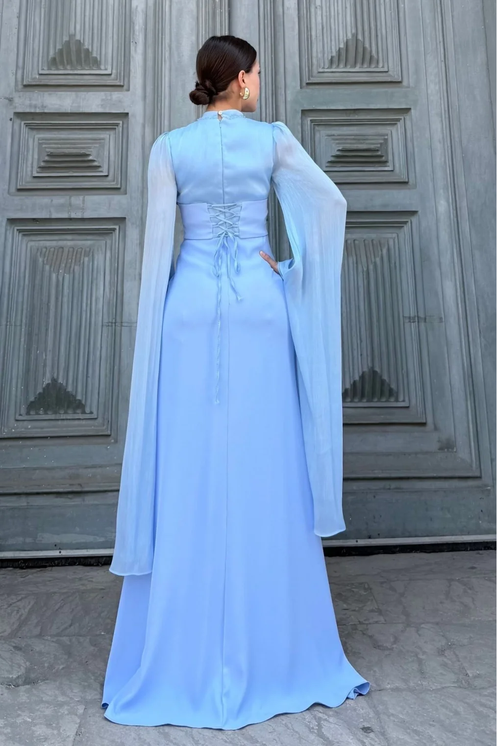 Bel Boncuk İşleme Detaylı Beden Ayarlı Abiye Elbise 2325-Mavi