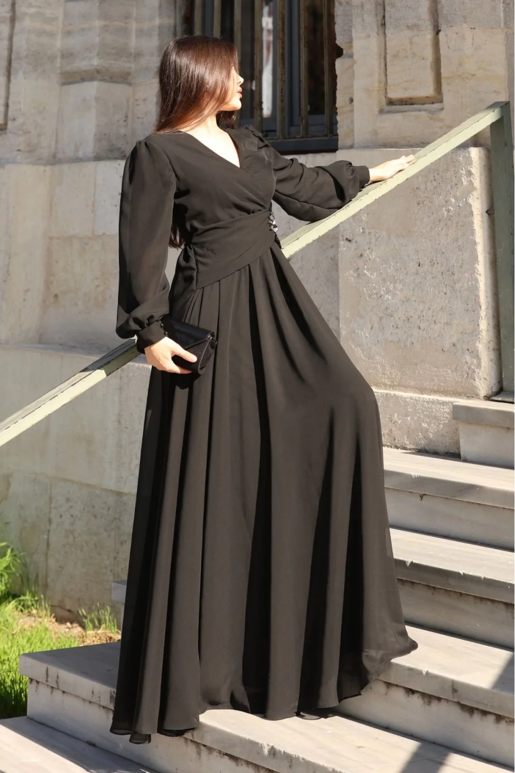 Bel Detaylı Kruvaze Yaka Abiye Elbise 2763-Siyah