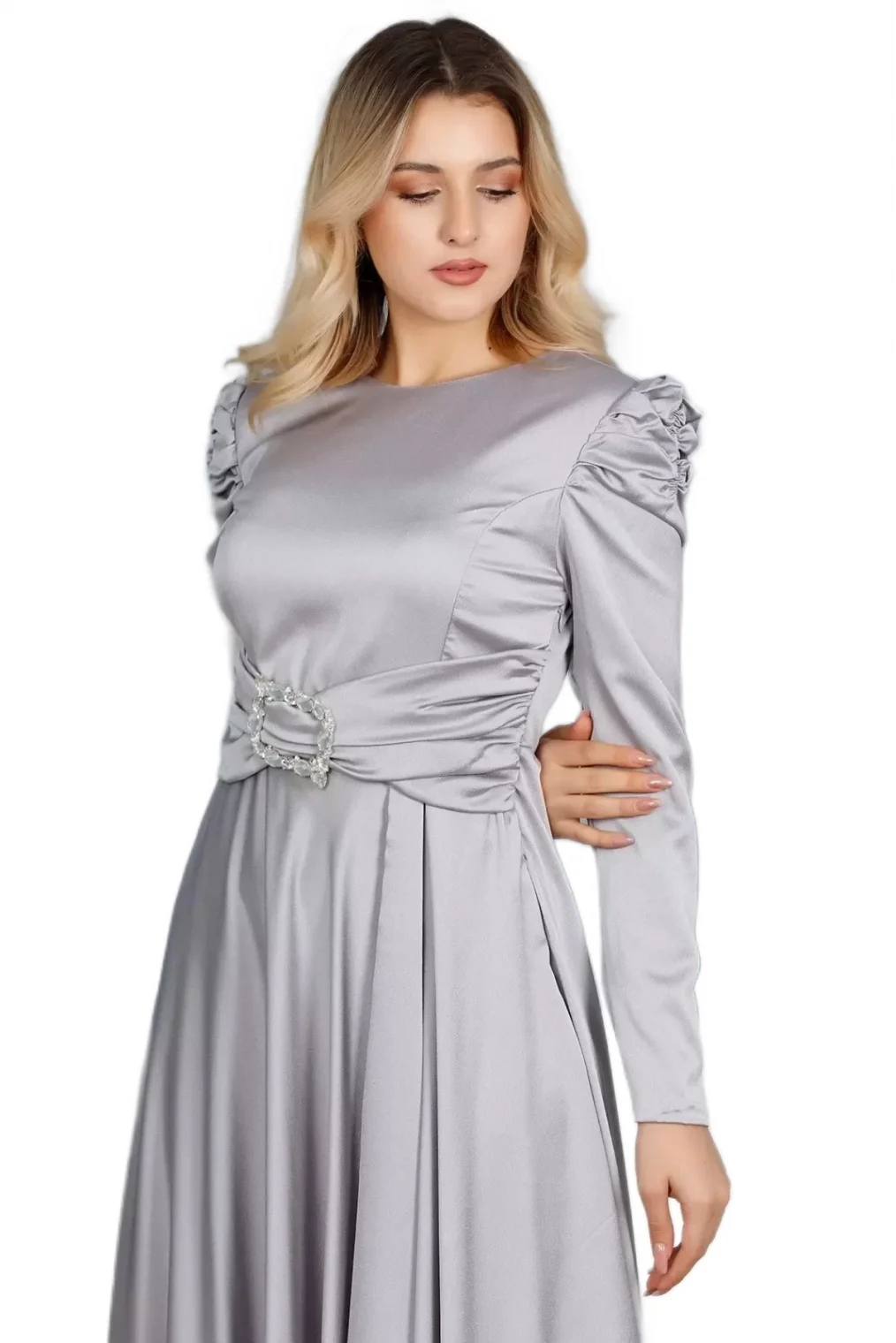 Bel Detaylı Saten Abiye Elbise 711-Gri
