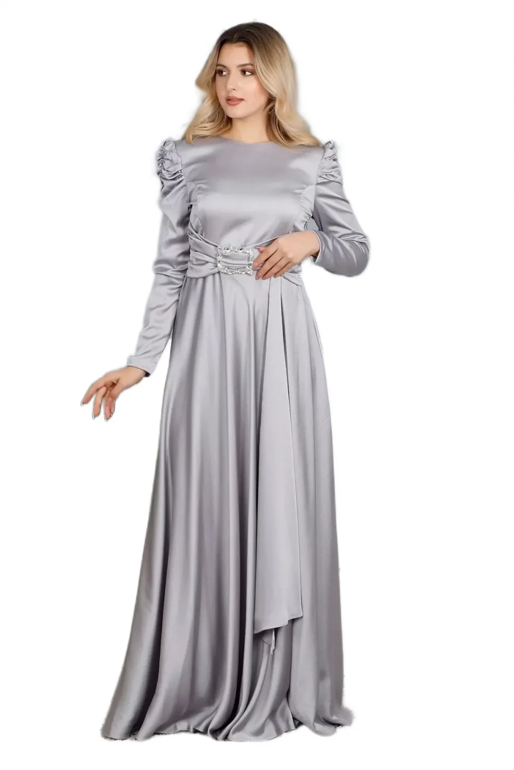 Bel Detaylı Saten Abiye Elbise 711-Gri