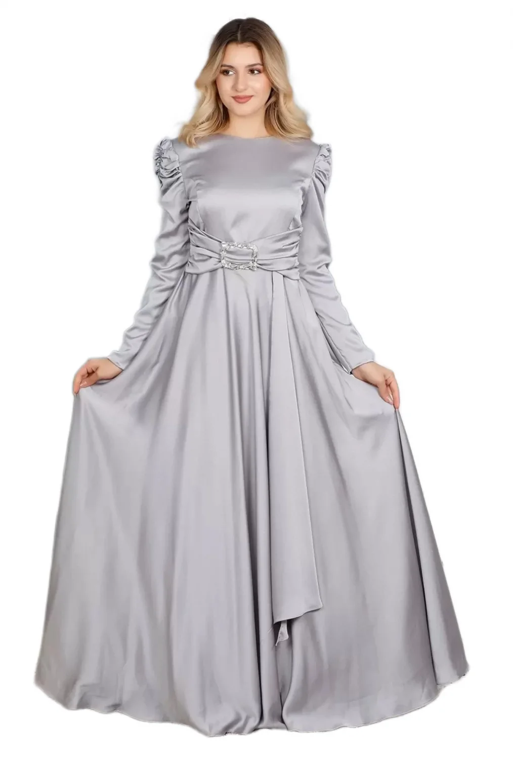 Bel Detaylı Saten Abiye Elbise 711-Gri