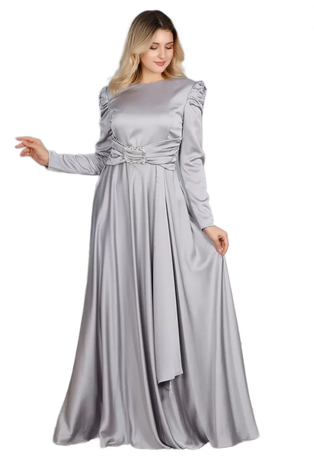 Bel Detaylı Saten Abiye Elbise 711-Gri