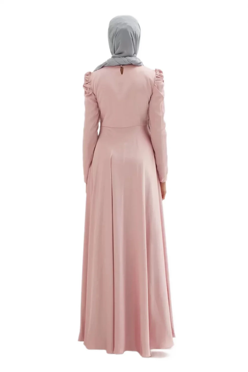 Bel Detaylı Saten Abiye Elbise 711-Pudra