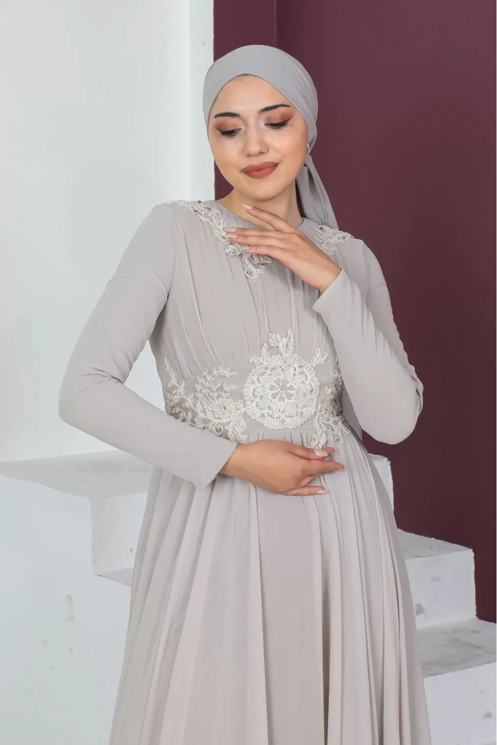 Bel Detaylı Tesettür Abiye Elbise 716-Bej