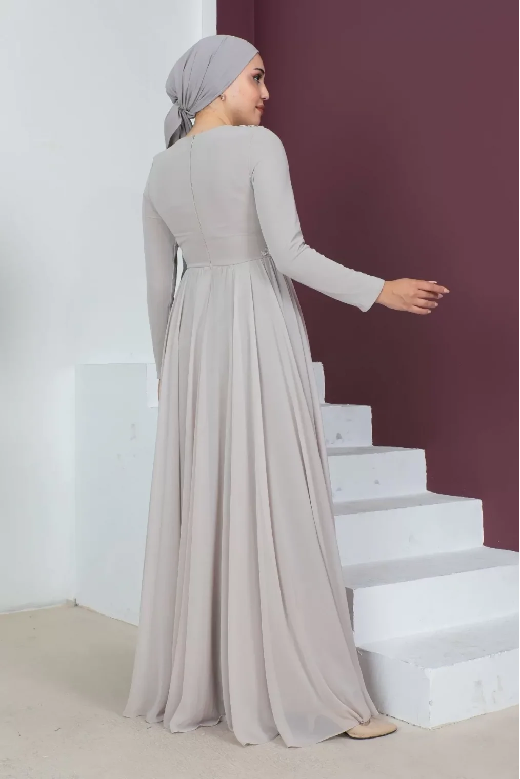 Bel Detaylı Tesettür Abiye Elbise 716-Bej