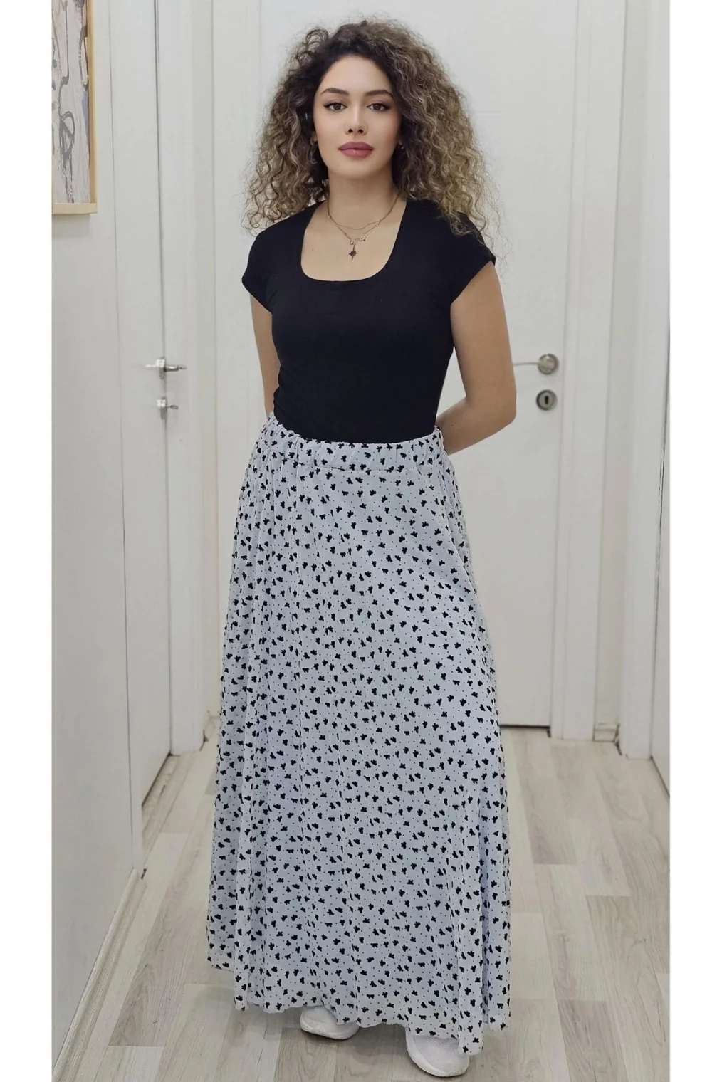 Bel Lastikli Flok Baskılı Kloş Şifon Etek 6003-Siyah/Mavi