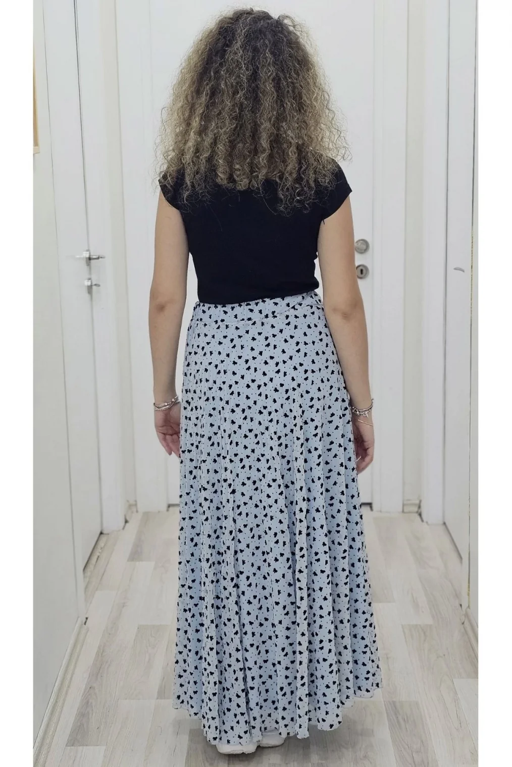 Bel Lastikli Flok Baskılı Kloş Şifon Etek 6003-Siyah/Mavi