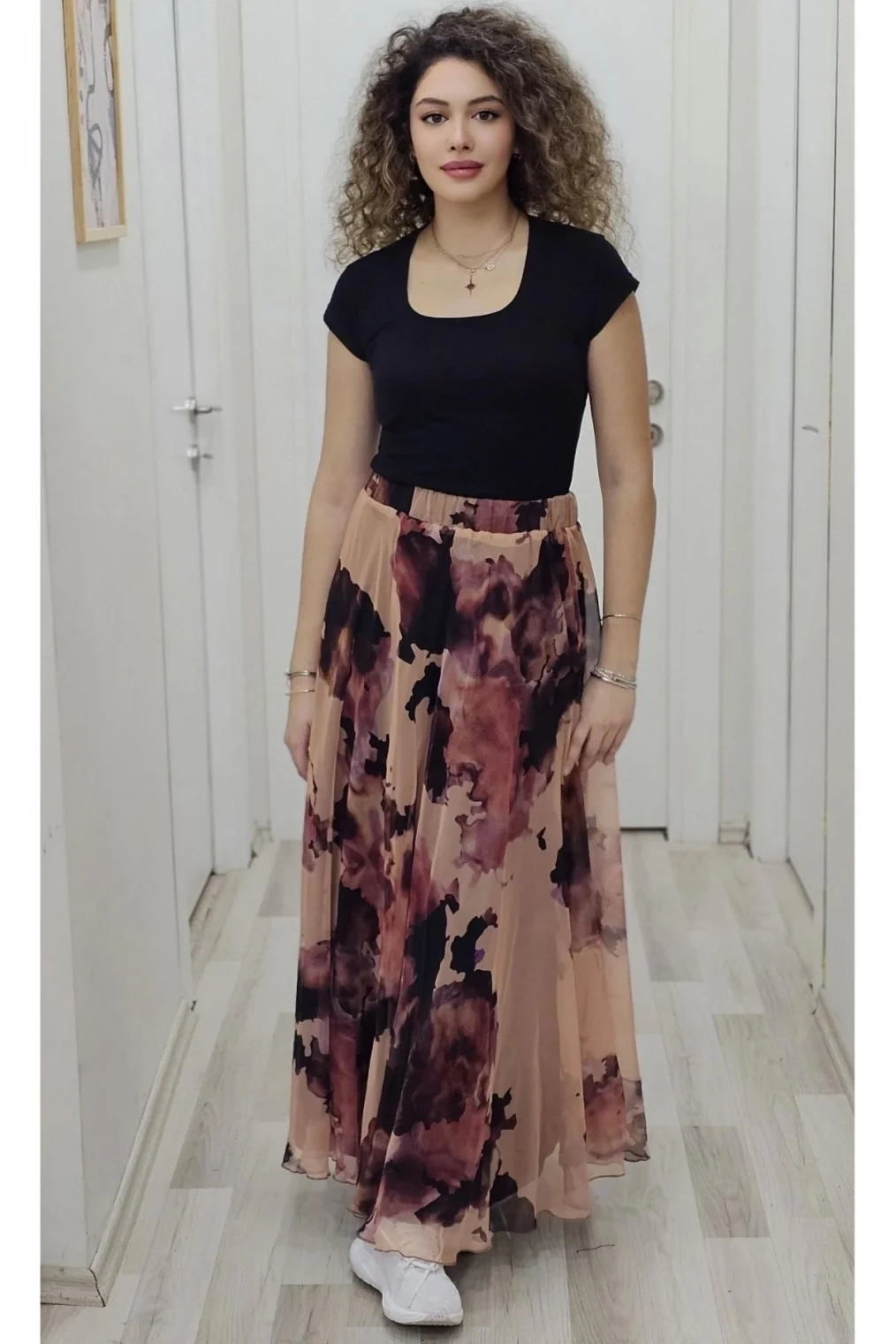 Bel Lastikli Kloş Desenli Şifon Etek 6003-Kahverengi