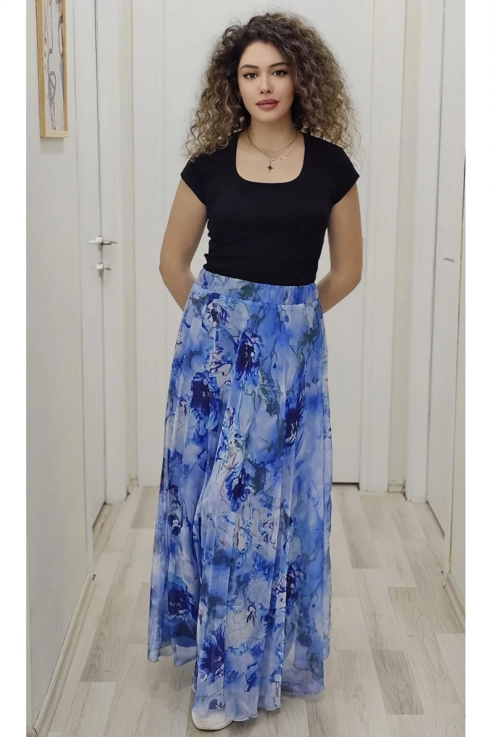 Bel Lastikli Kloş Desenli Şifon Etek 6003-Koyu Mavi