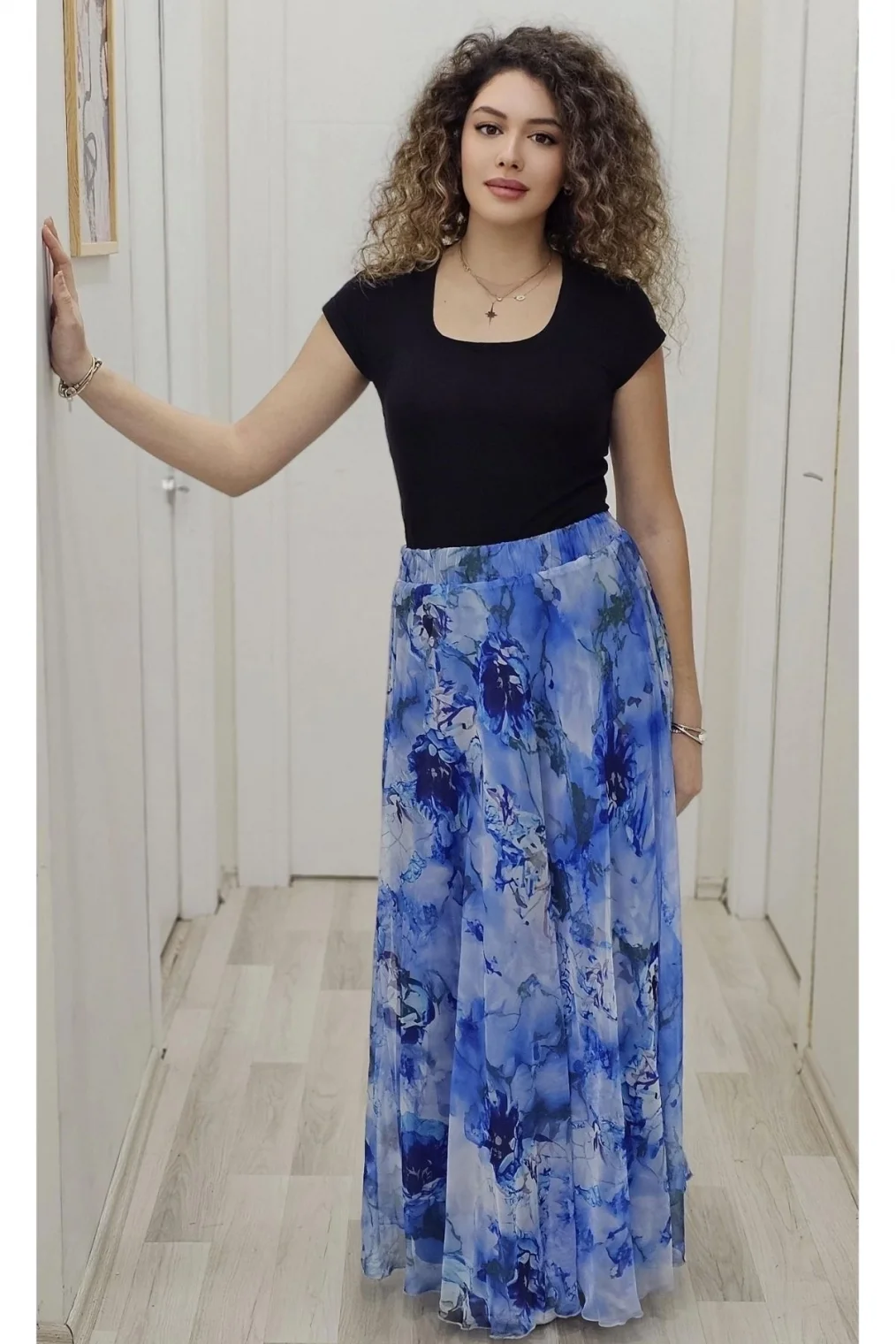 Bel Lastikli Kloş Desenli Şifon Etek 6003-Koyu Mavi