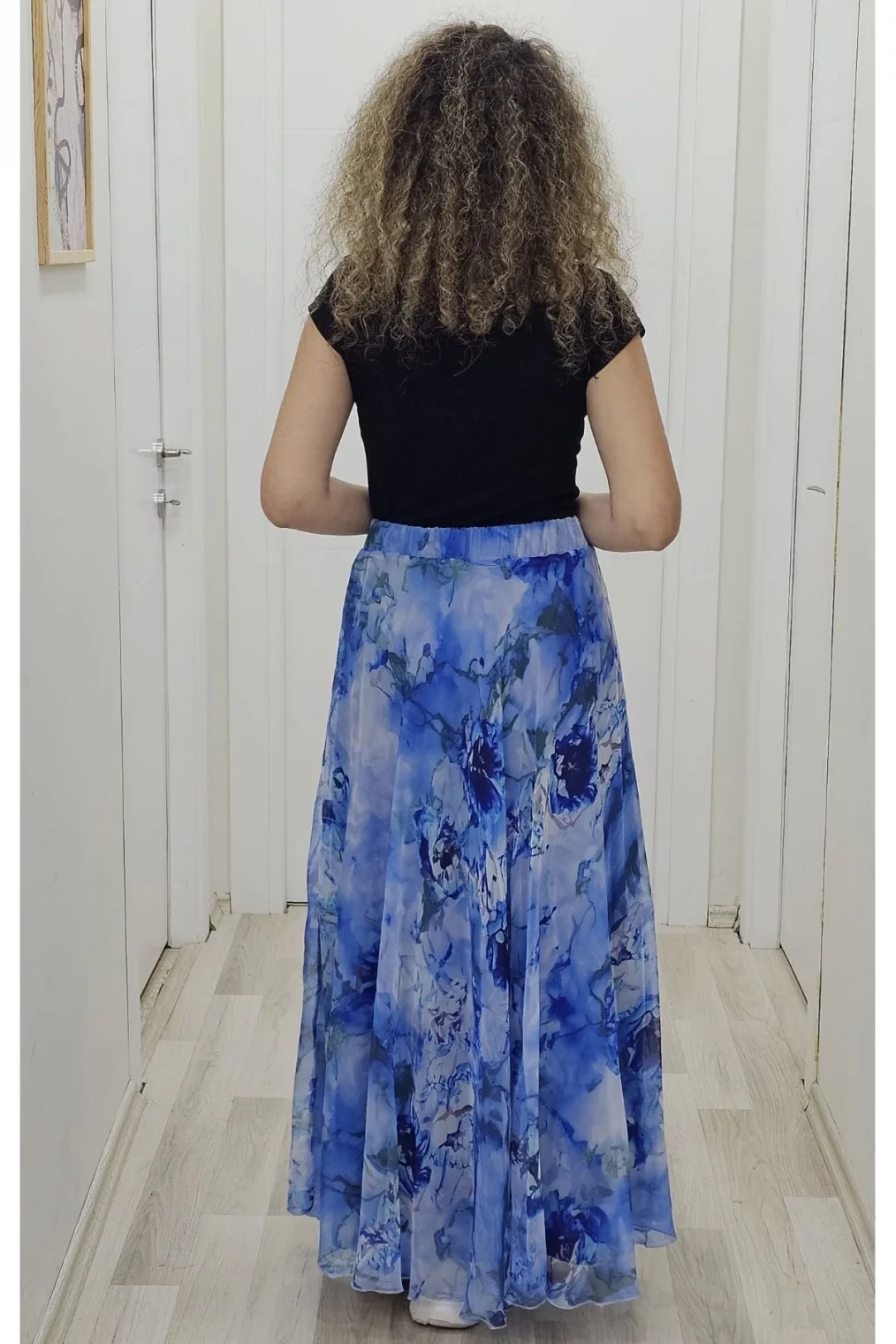 Bel Lastikli Kloş Desenli Şifon Etek 6003-Koyu Mavi