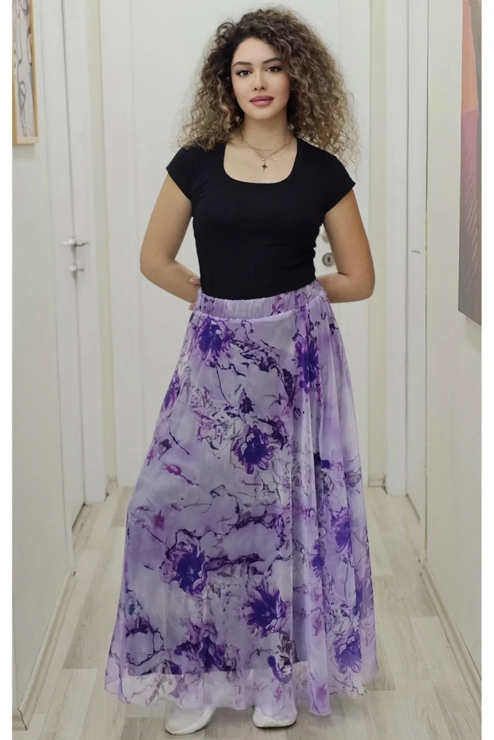 Bel Lastikli Kloş Desenli Şifon Etek 6003-Mor