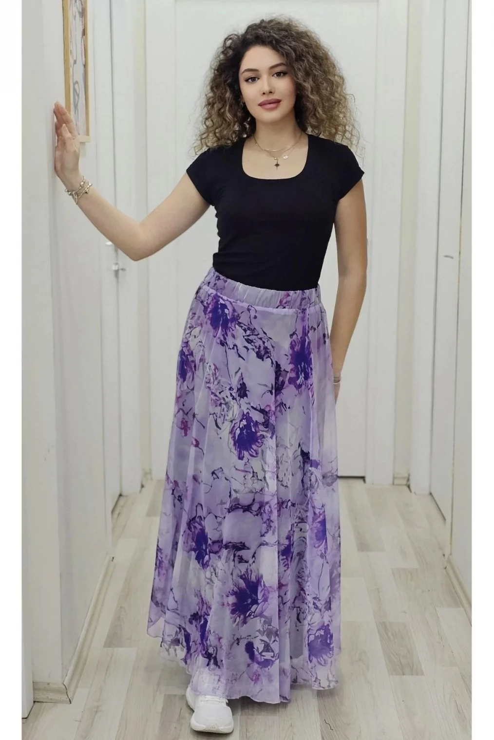Bel Lastikli Kloş Desenli Şifon Etek 6003-Mor