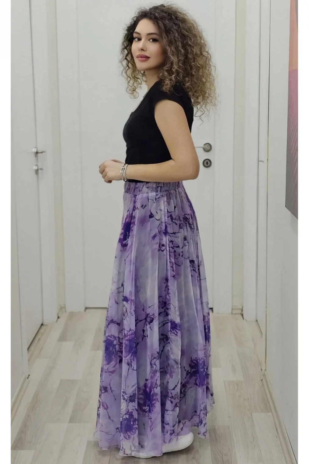 Bel Lastikli Kloş Desenli Şifon Etek 6003-Mor