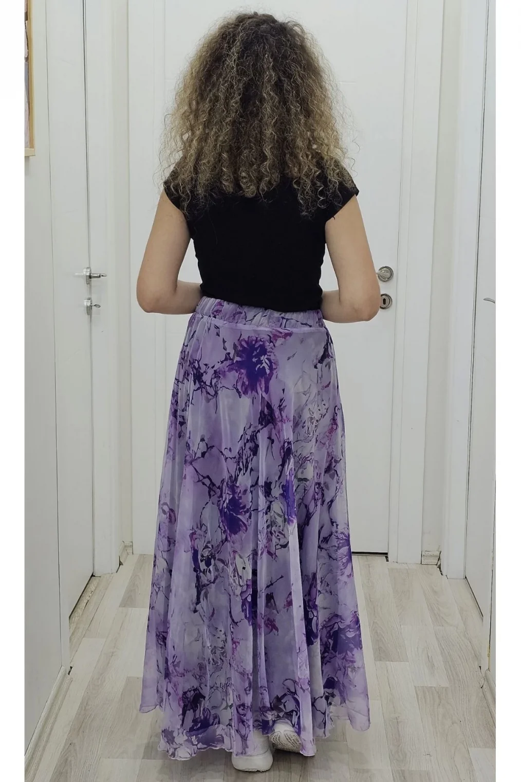 Bel Lastikli Kloş Desenli Şifon Etek 6003-Mor