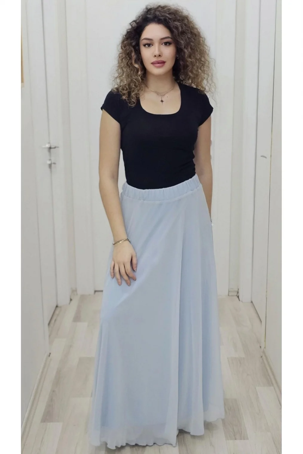 Bel Lastikli Kloş Şifon Etek 6003-Bebe Mavisi