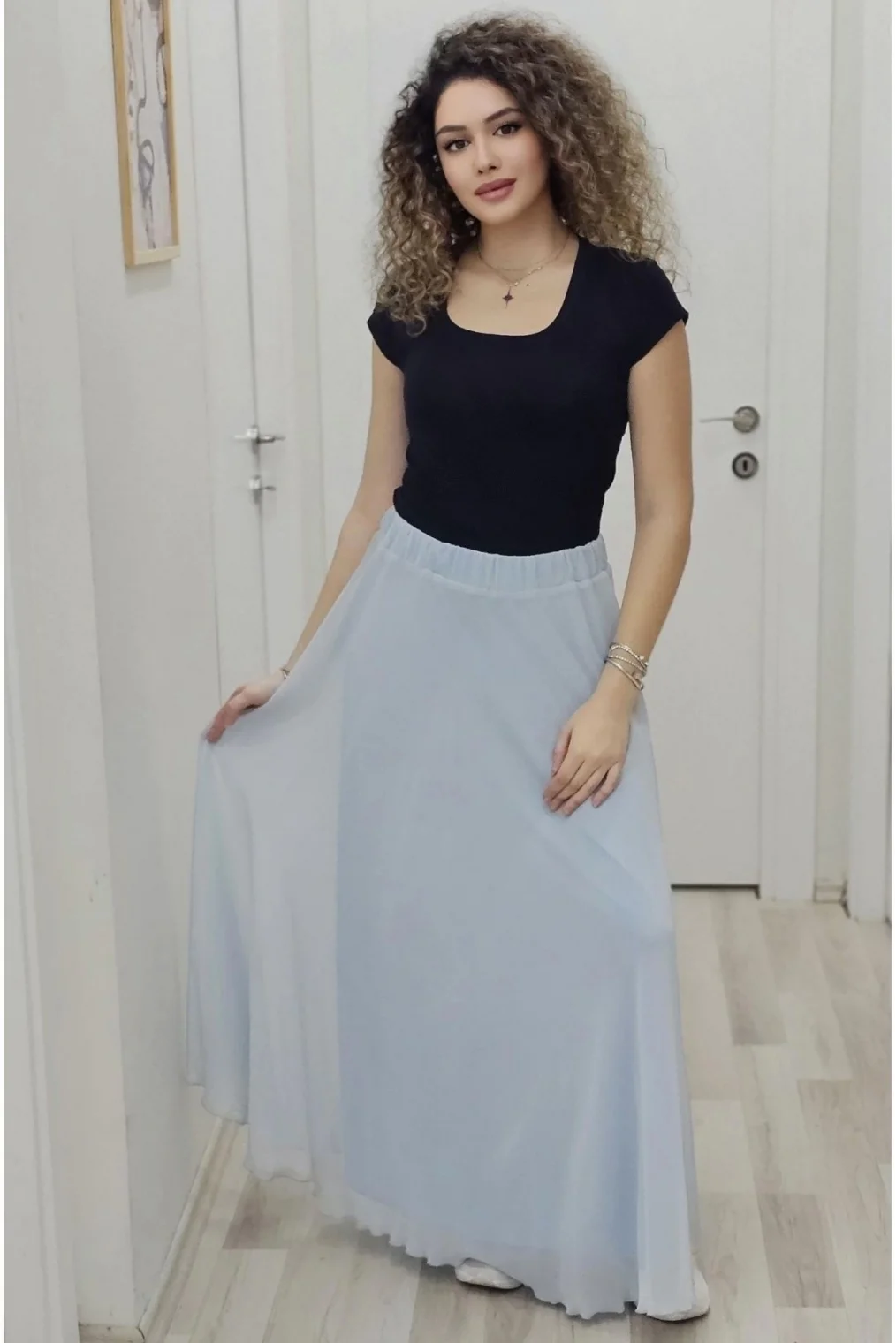 Bel Lastikli Kloş Şifon Etek 6003-Bebe Mavisi