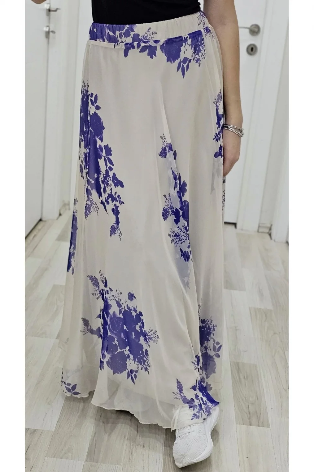 Bel Lastikli Kloş Şifon Etek 6003-Bej/Mor