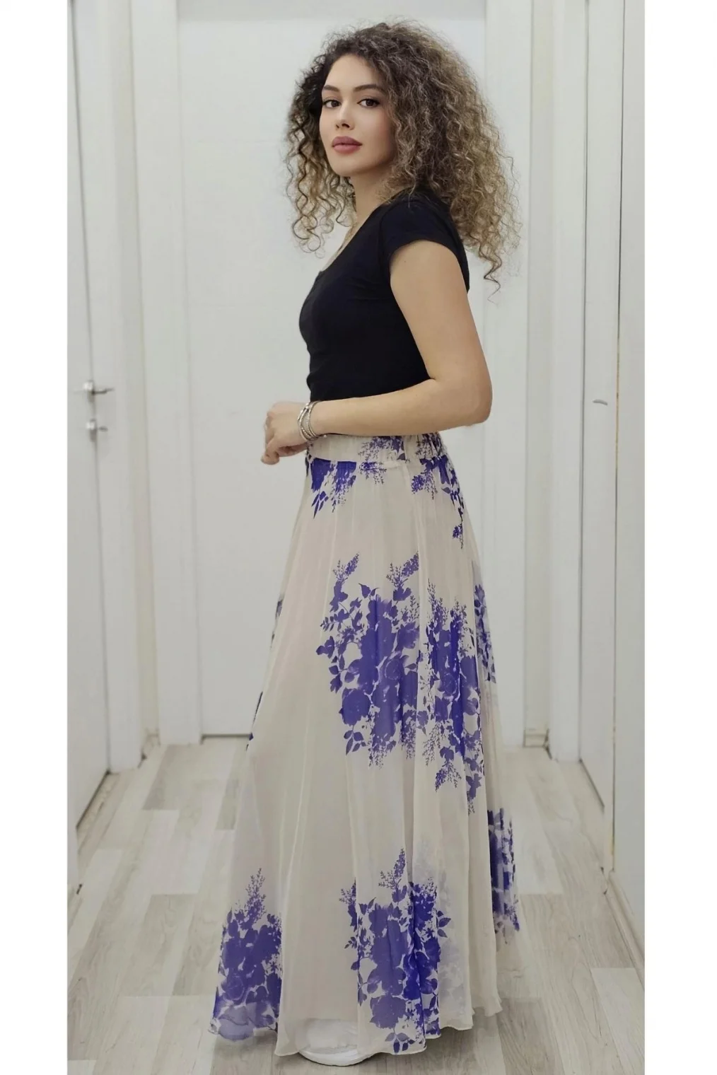 Bel Lastikli Kloş Şifon Etek 6003-Bej/Mor