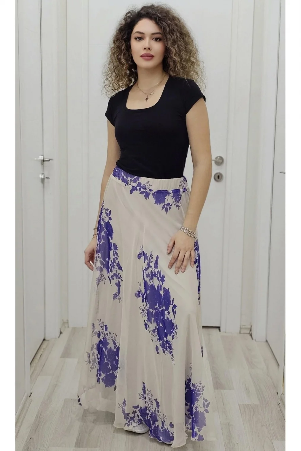 Bel Lastikli Kloş Şifon Etek 6003-Bej/Mor