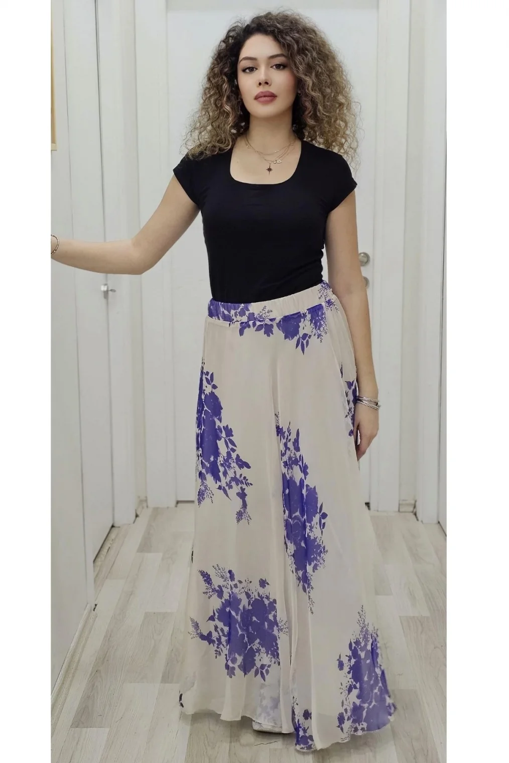 Bel Lastikli Kloş Şifon Etek 6003-Bej/Mor