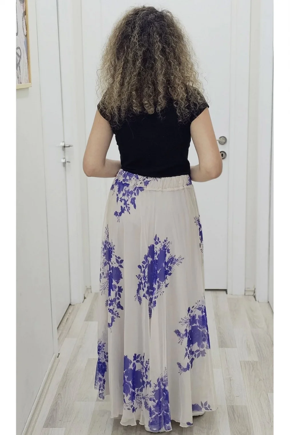 Bel Lastikli Kloş Şifon Etek 6003-Bej/Mor