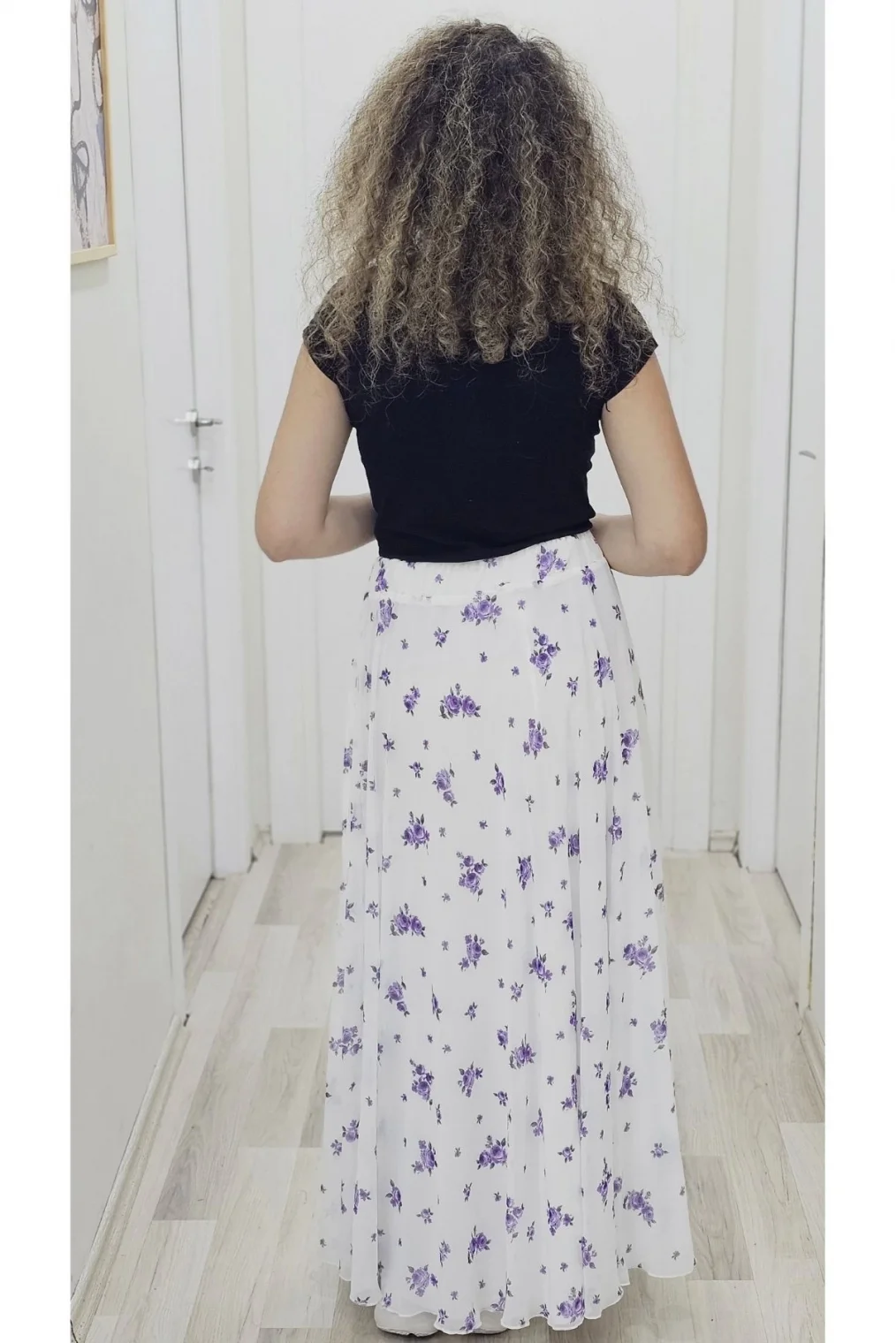 Bel Lastikli Kloş Şifon Etek 6003-Beyaz/Lila