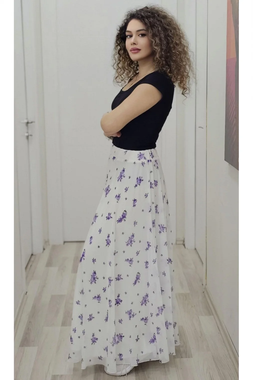 Bel Lastikli Kloş Şifon Etek 6003-Beyaz/Lila