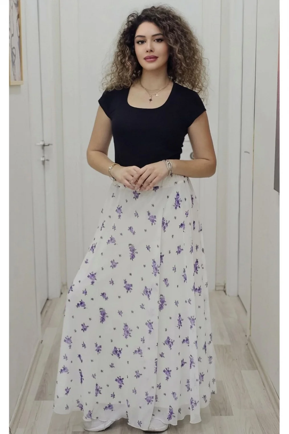 Bel Lastikli Kloş Şifon Etek 6003-Beyaz/Lila