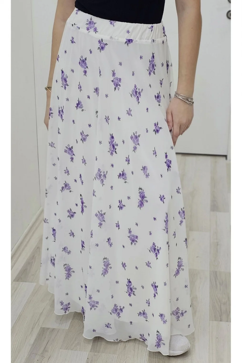 Bel Lastikli Kloş Şifon Etek 6003-Beyaz/Lila
