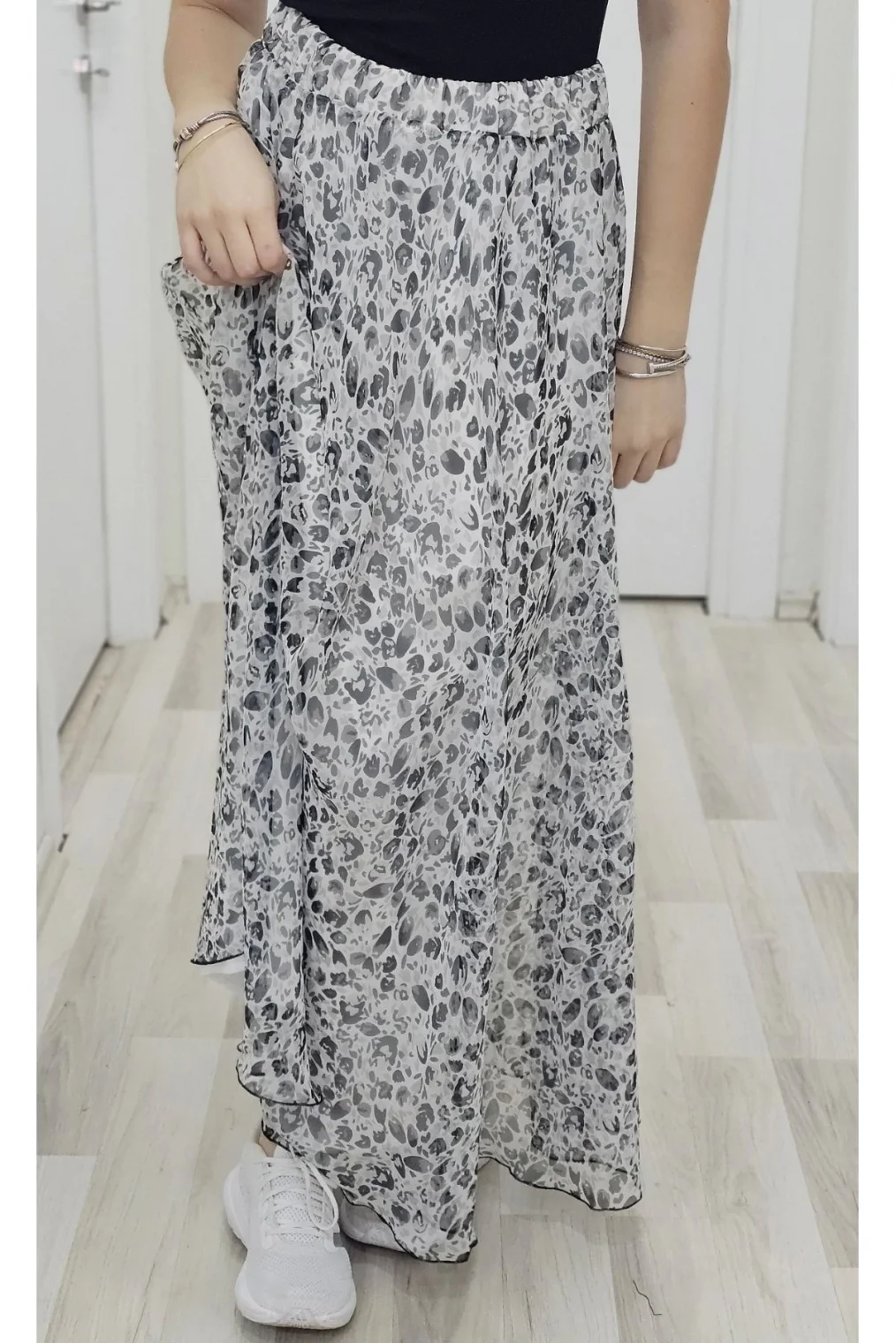 Bel Lastikli Kloş Şifon Etek 6003-Beyaz/Siyah