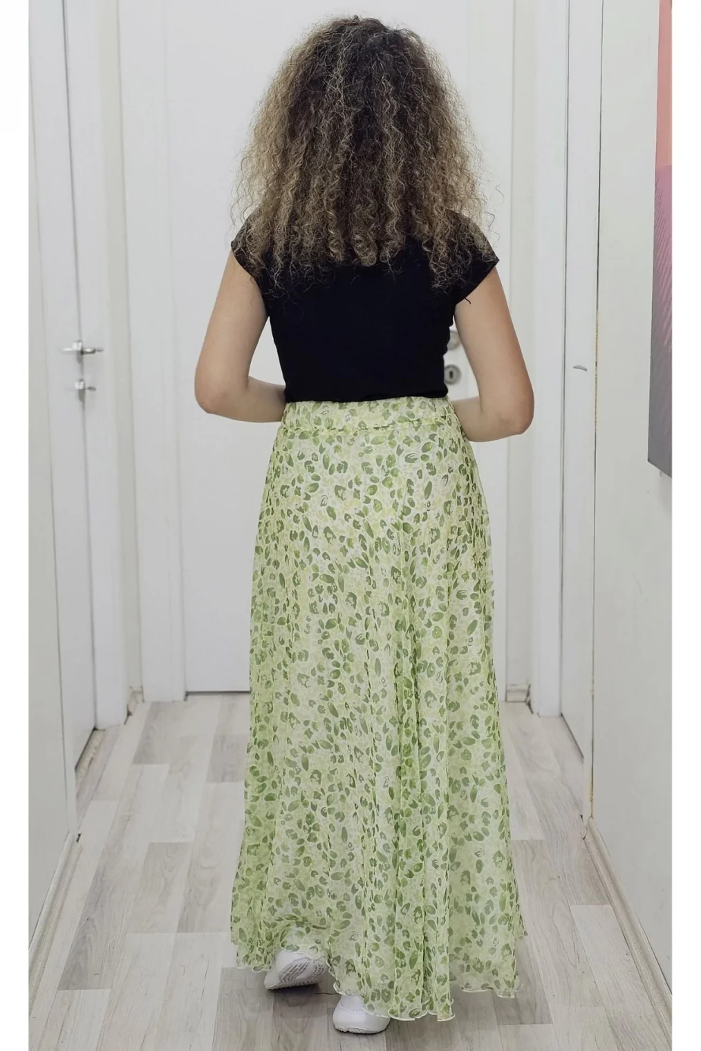 Bel Lastikli Kloş Şifon Etek 6003-Beyaz/Yeşil