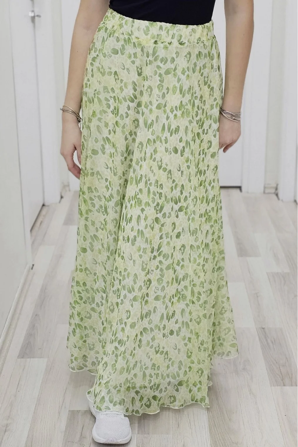 Bel Lastikli Kloş Şifon Etek 6003-Beyaz/Yeşil