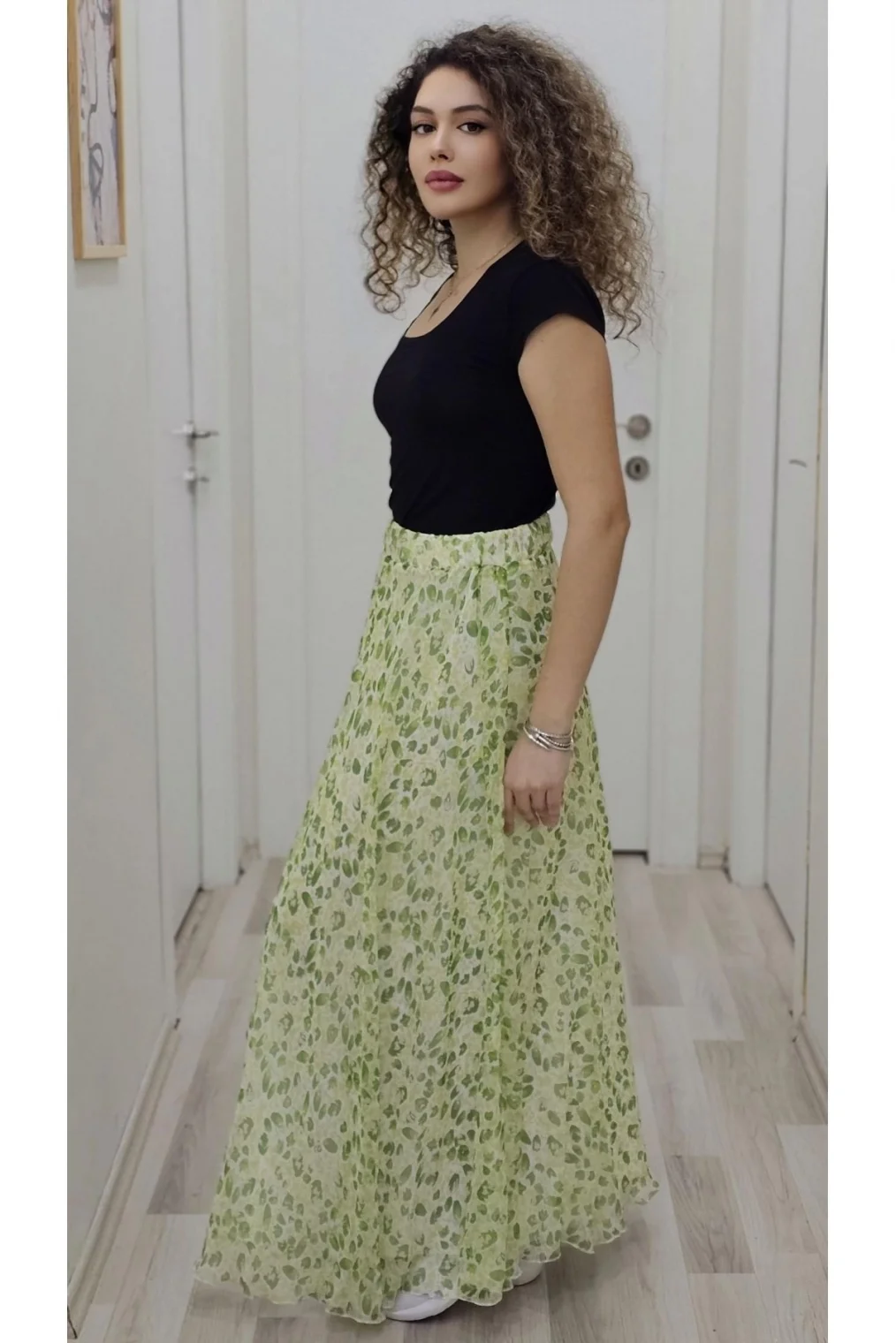 Bel Lastikli Kloş Şifon Etek 6003-Beyaz/Yeşil