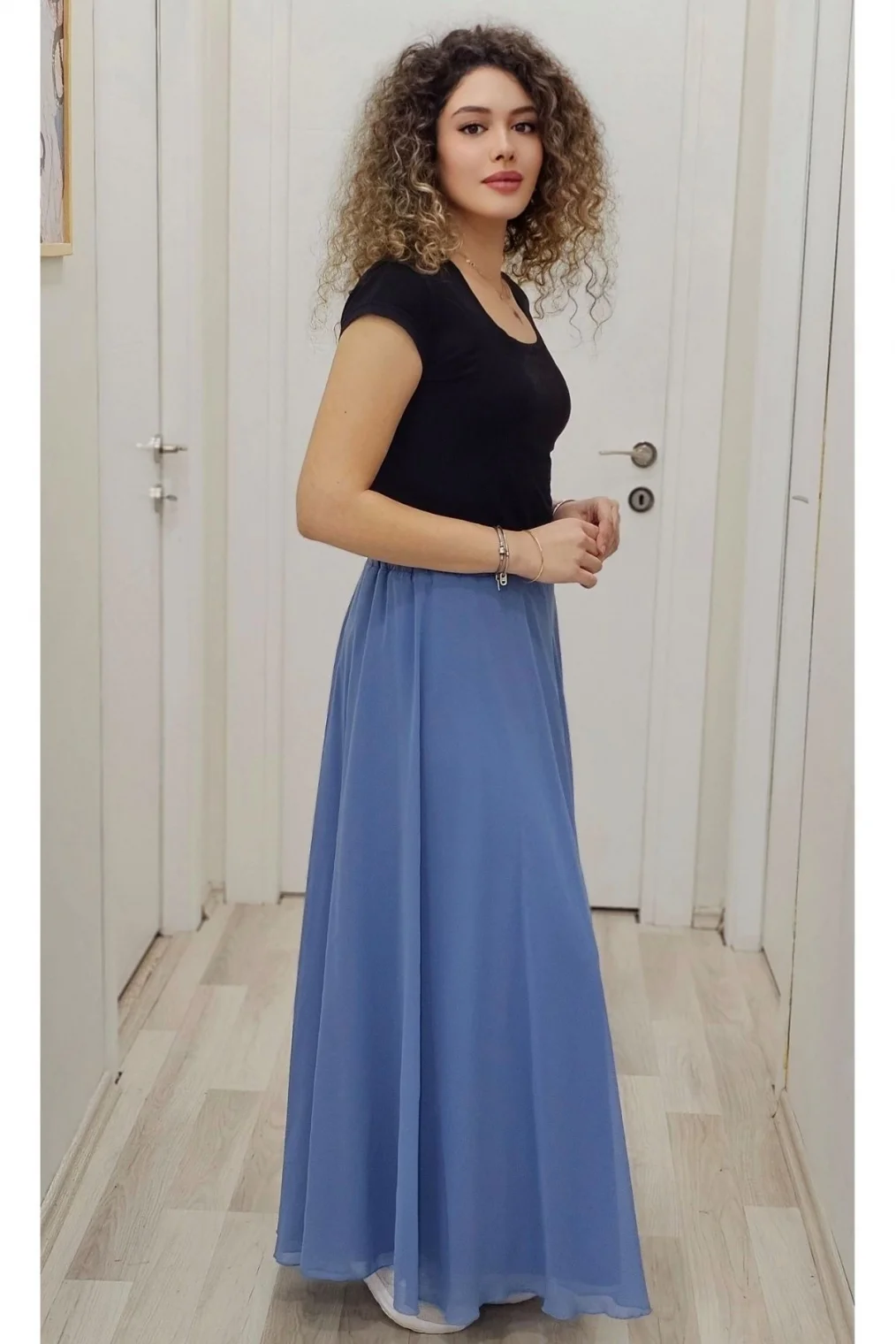 Bel Lastikli Kloş Şifon Etek 6003-İndigo