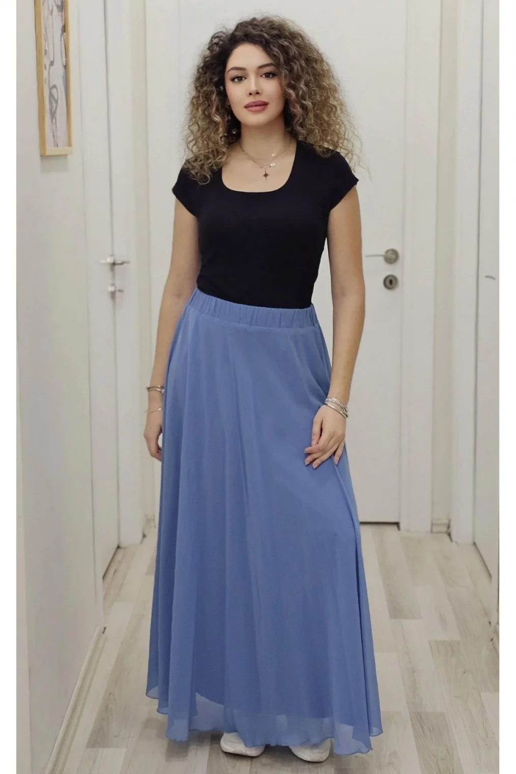 Bel Lastikli Kloş Şifon Etek 6003-İndigo