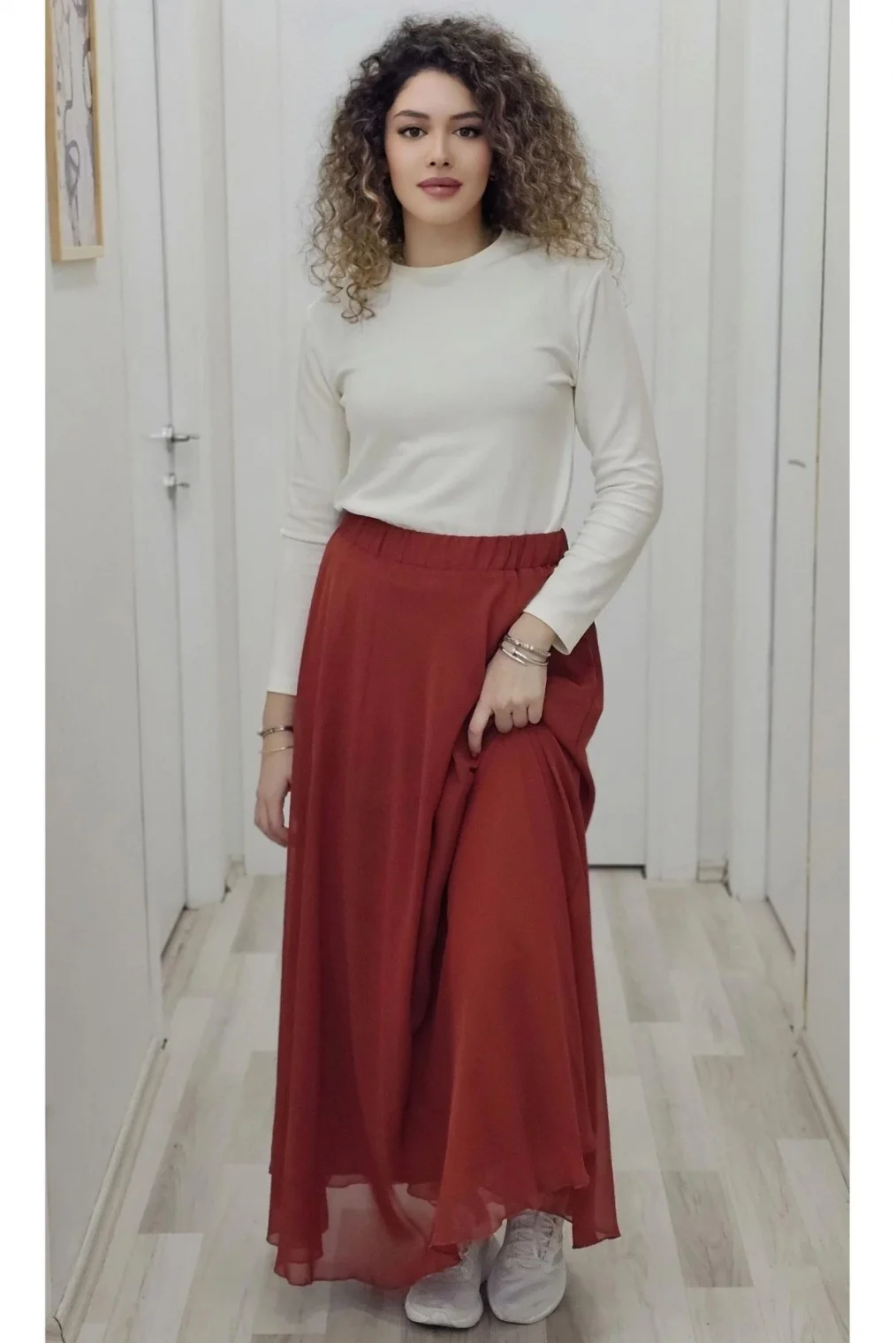 Bel Lastikli Kloş Şifon Etek 6003-Kiremit