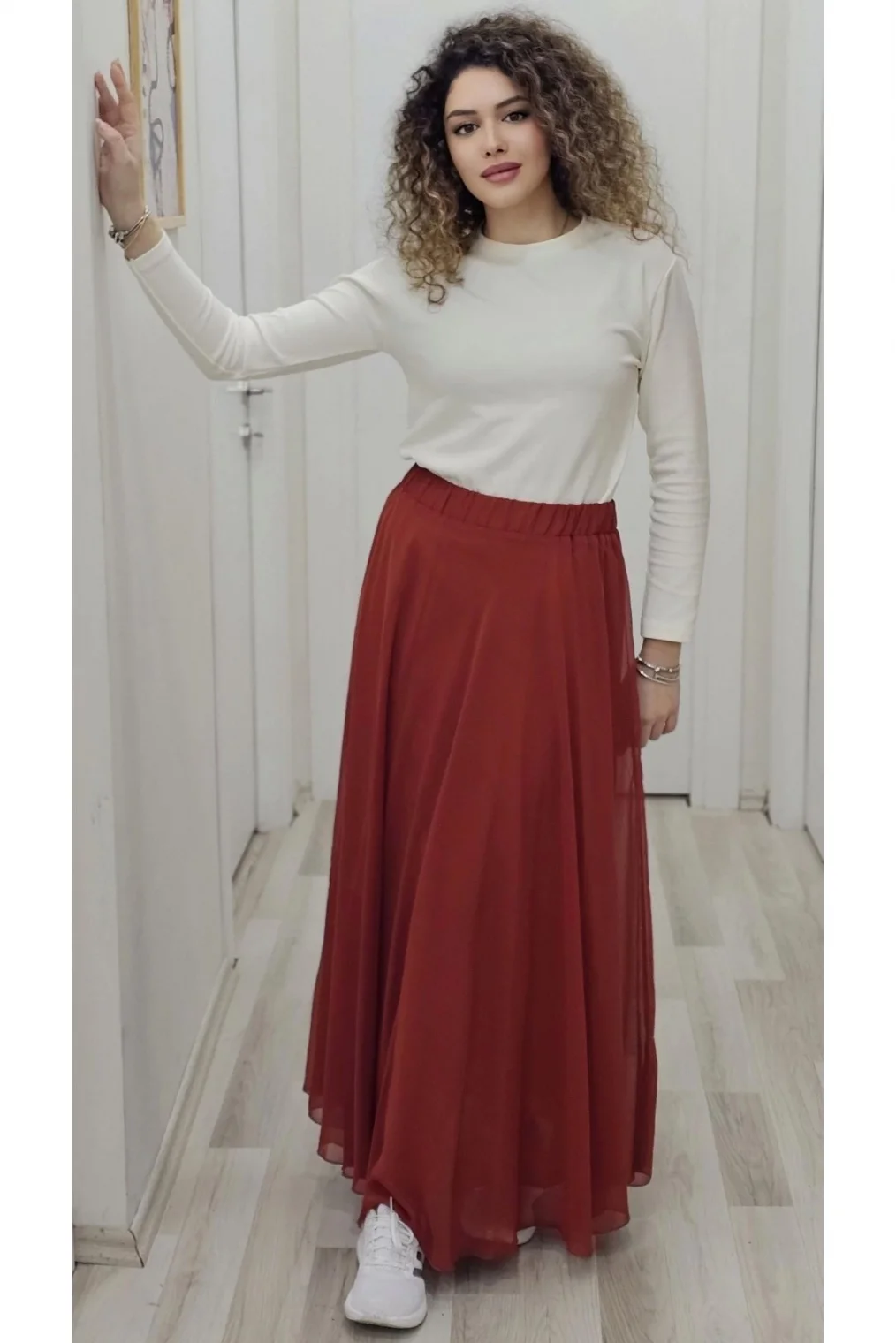 Bel Lastikli Kloş Şifon Etek 6003-Kiremit