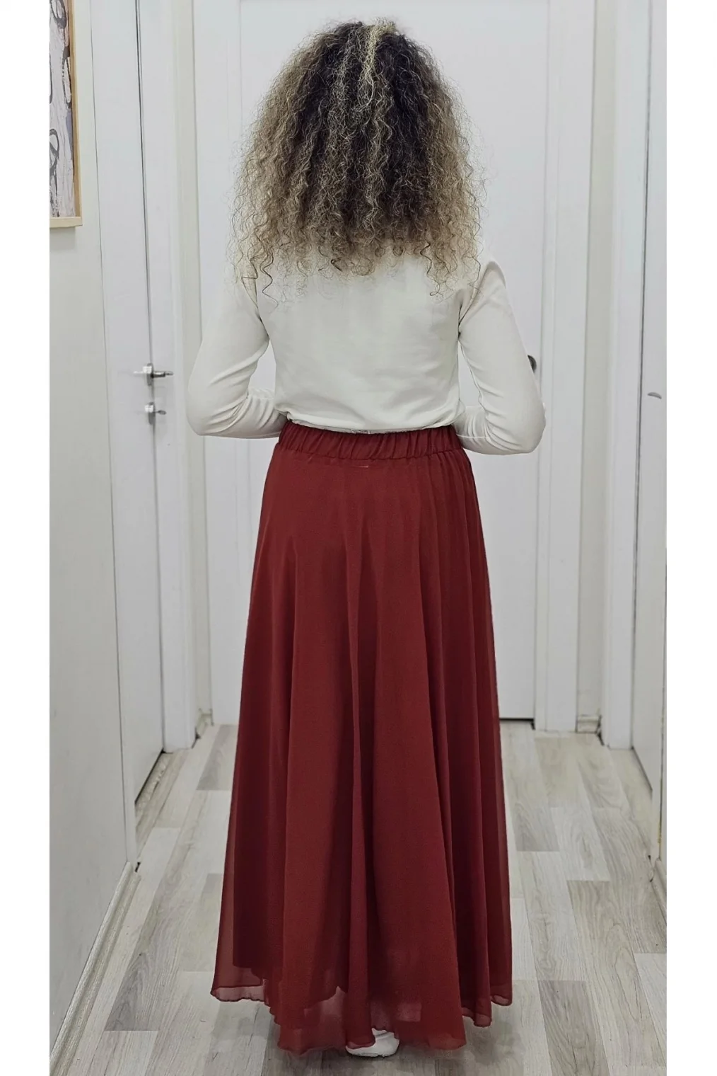 Bel Lastikli Kloş Şifon Etek 6003-Kiremit